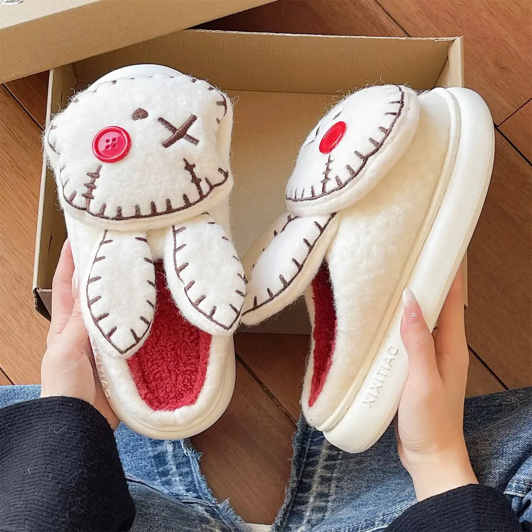 Thick-Soled Furry Slippers for Women, Winter Indoor Home Non-Slip Cute Squinting Rabbit Fleece-Lined Warm Toe-Cap Cotton Slippers - Image 5
