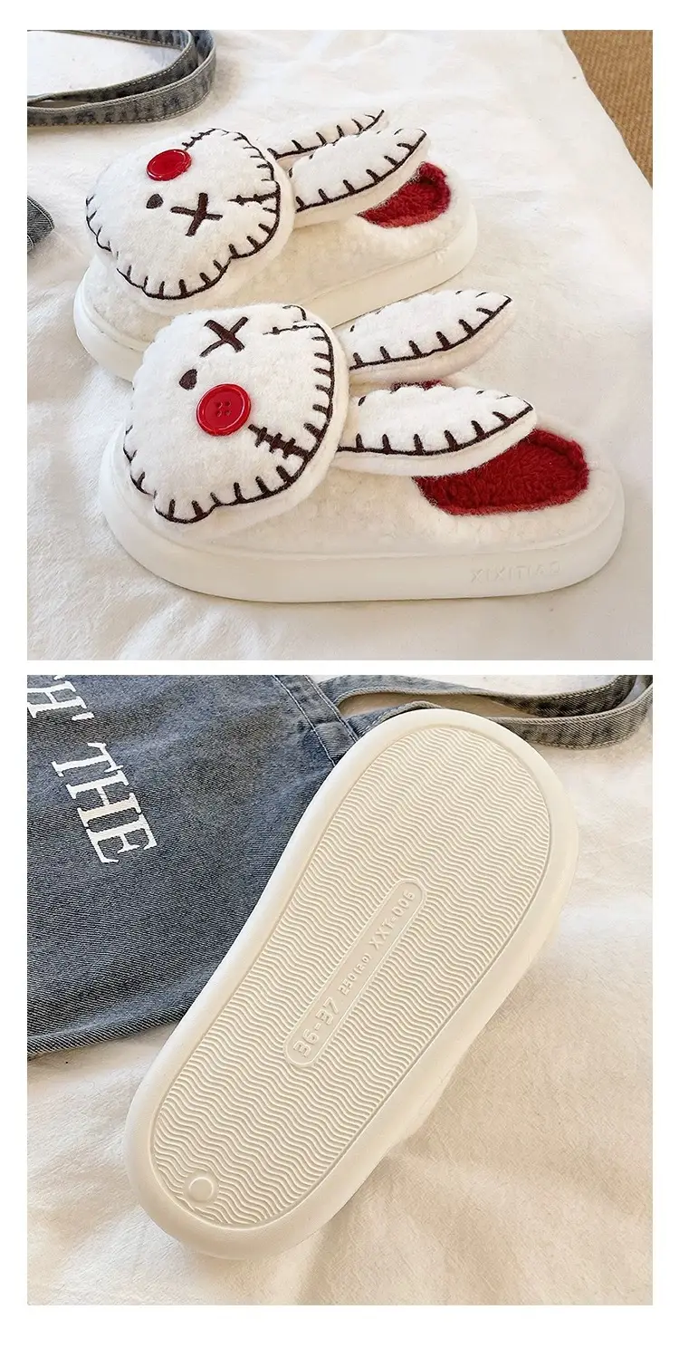 Thick-Soled Furry Slippers for Women, Winter Indoor Home Non-Slip Cute Squinting Rabbit Fleece-Lined Warm Toe-Cap Cotton Slippers — feature 5