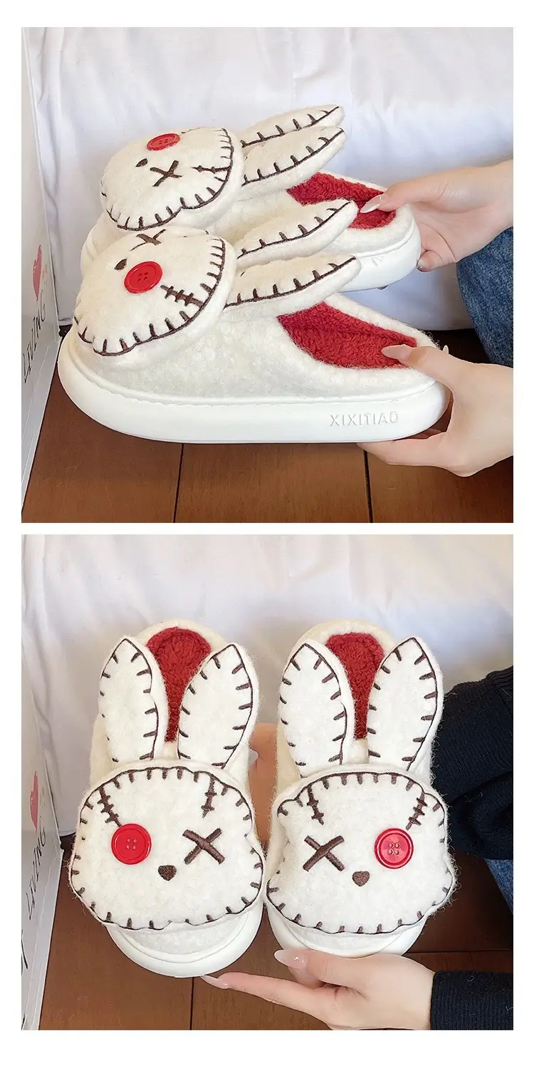 Thick-Soled Furry Slippers for Women, Winter Indoor Home Non-Slip Cute Squinting Rabbit Fleece-Lined Warm Toe-Cap Cotton Slippers — feature 6