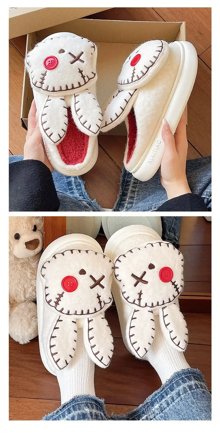 Thick-Soled Furry Slippers for Women, Winter Indoor Home Non-Slip Cute Squinting Rabbit Fleece-Lined Warm Toe-Cap Cotton Slippers — feature 7
