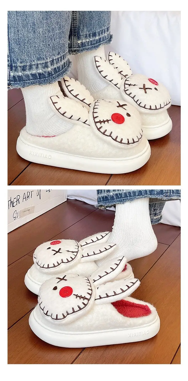 Thick-Soled Furry Slippers for Women, Winter Indoor Home Non-Slip Cute Squinting Rabbit Fleece-Lined Warm Toe-Cap Cotton Slippers — feature 8