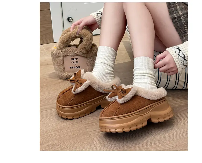 Qidan Shoe Factory Cotton Slippers for Women in Autumn and Winter Home Indoor Fleece-Lined Fashionable Warm Thick-Soled Slip-On Furry Slippers — feature 7