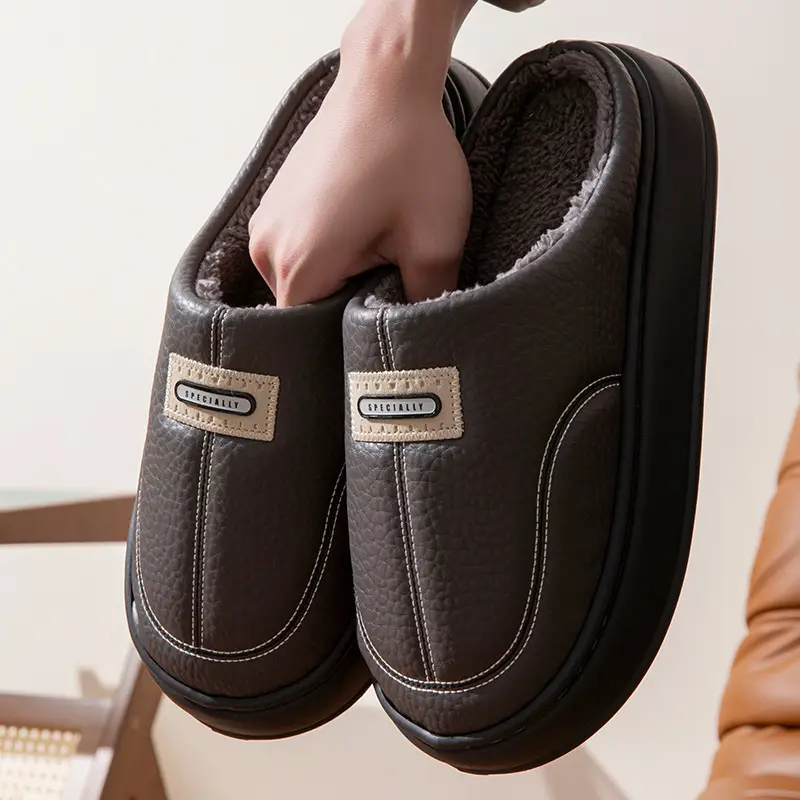 2025 New Winter Men's Cotton Slippers, Large Size, for Home Use, Indoor Non-Slip Warm Cotton Shoes with Thick Soles and Plush Lining — feature 1