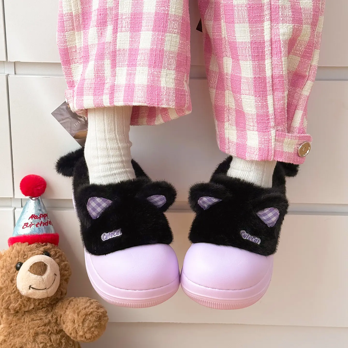 Nanbowan Soft Cat Slippers Women Winter Closed Toe Waterproof
