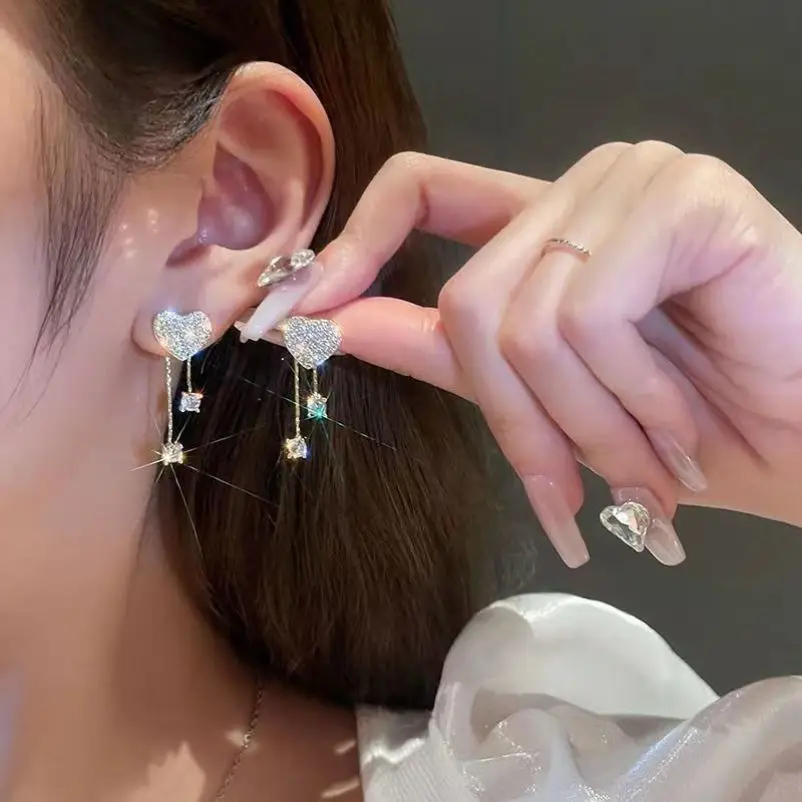 Gold Full Diamond Heart Tassel Earrings for Women — feature 16