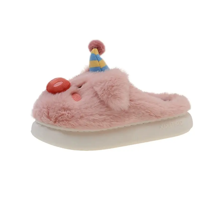 Cute Piggy Fur Slippers for Girls Winter Warm Closed-Toe