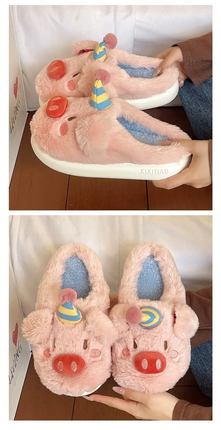 Cute Piggy Fur Slippers for Girls Winter Warm Closed-Toe — feature 2