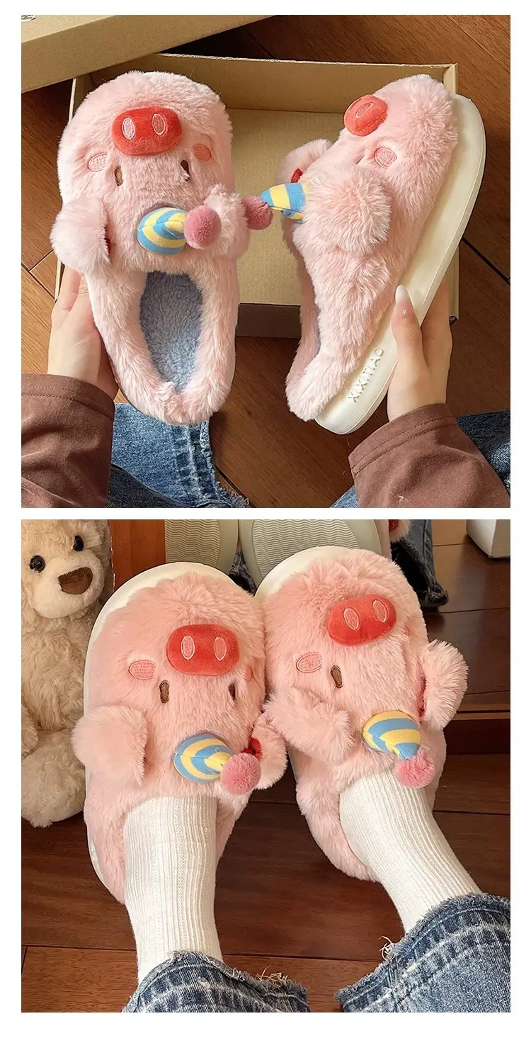 Cute Piggy Fur Slippers for Girls Winter Warm Closed-Toe — feature 3