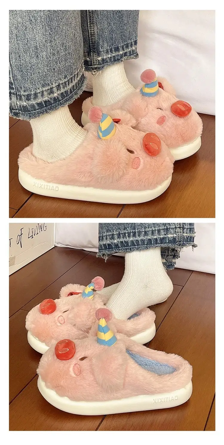 Cute Piggy Fur Slippers for Girls Winter Warm Closed-Toe — feature 4
