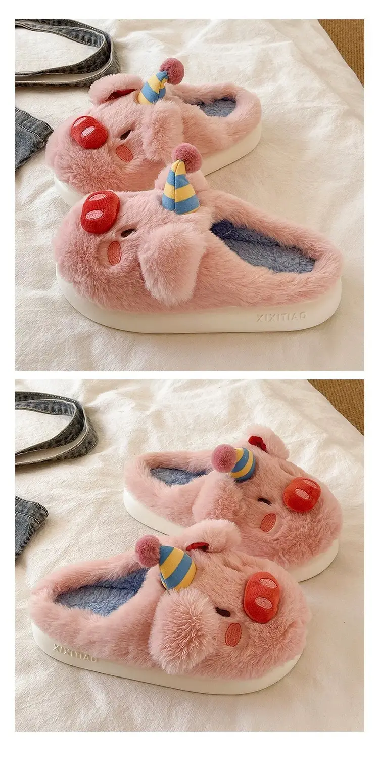 Cute Piggy Fur Slippers for Girls Winter Warm Closed-Toe — feature 5
