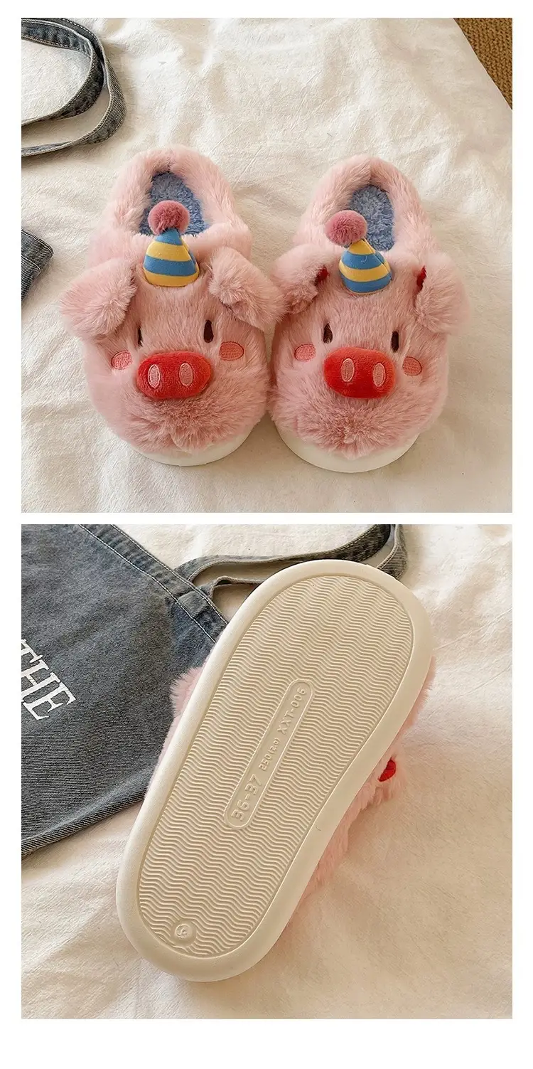 Cute Piggy Fur Slippers for Girls Winter Warm Closed-Toe — feature 6