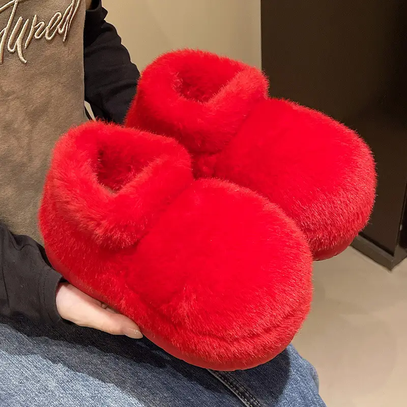 Red Furry Flat Slippers Large Toe Snow Boots - Image 6