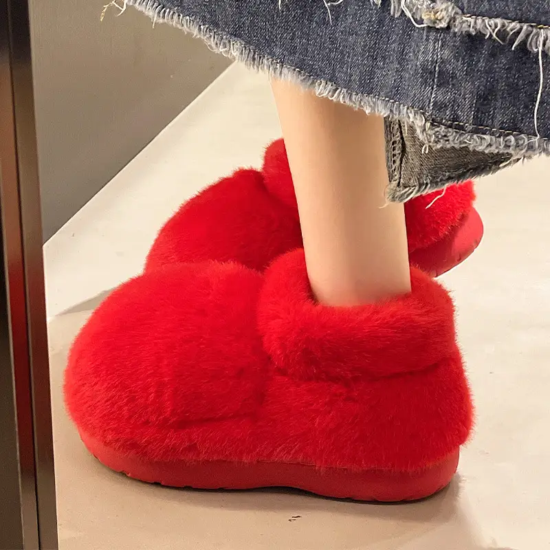 Red Furry Flat Slippers Large Toe Snow Boots - Image 7