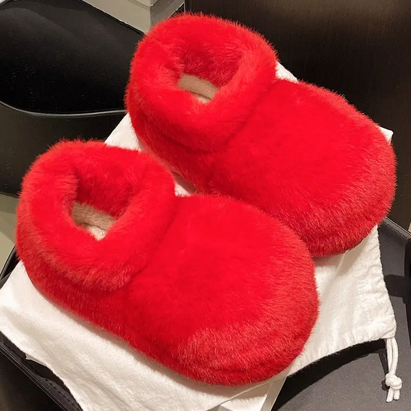 Red Furry Flat Slippers Large Toe Snow Boots - Image 8
