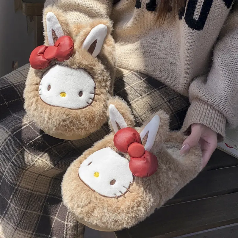 Autumn and Winter Home Cotton Slippers for Girls, Cute Bow Cartoon Fleece-Lined Cotton Shoes for Women, Toe-Toe Slippers for Outer Wear, Confinement Shoes - Image 4
