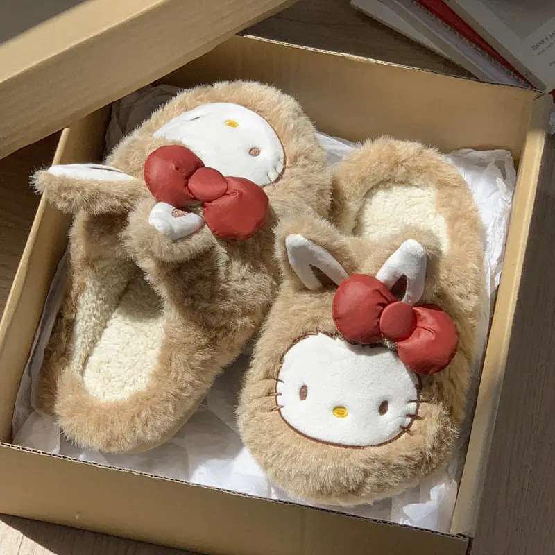 Autumn and Winter Home Cotton Slippers for Girls, Cute Bow Cartoon Fleece-Lined Cotton Shoes for Women, Toe-Toe Slippers for Outer Wear, Confinement Shoes - Image 6