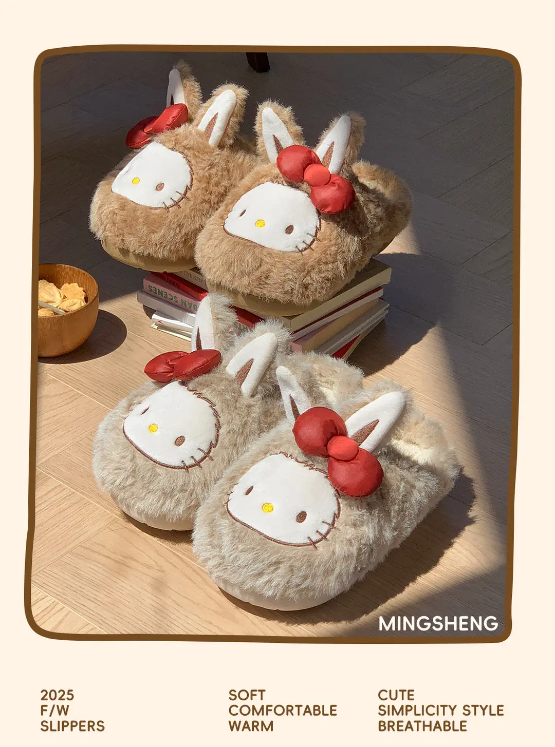 Autumn and Winter Home Cotton Slippers for Girls, Cute Bow Cartoon Fleece-Lined Cotton Shoes for Women, Toe-Toe Slippers for Outer Wear, Confinement Shoes — feature 5