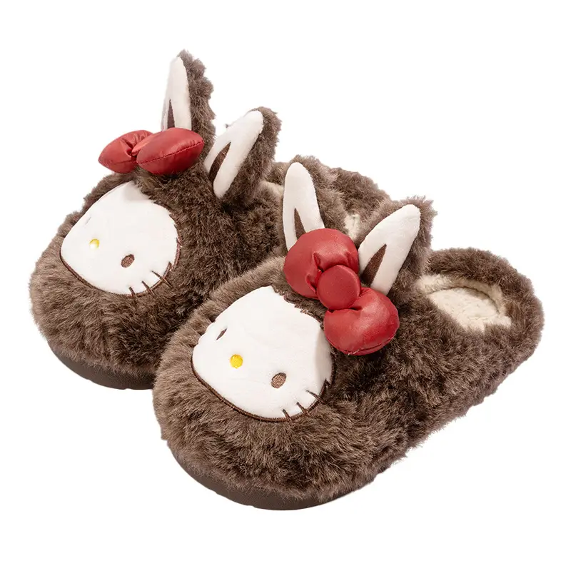 Autumn and Winter Home Cotton Slippers for Girls, Cute Bow Cartoon Fleece-Lined Cotton Shoes for Women, Toe-Toe Slippers for Outer Wear, Confinement Shoes - Image 2