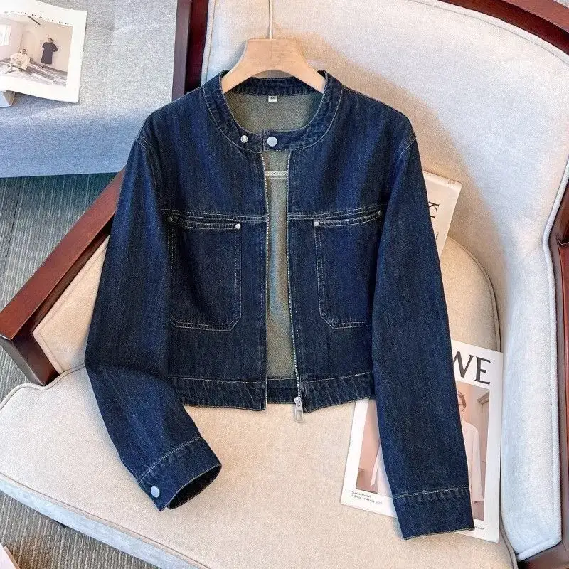 Dark Blue Denim Jacket Women Short Slim Fit 2025