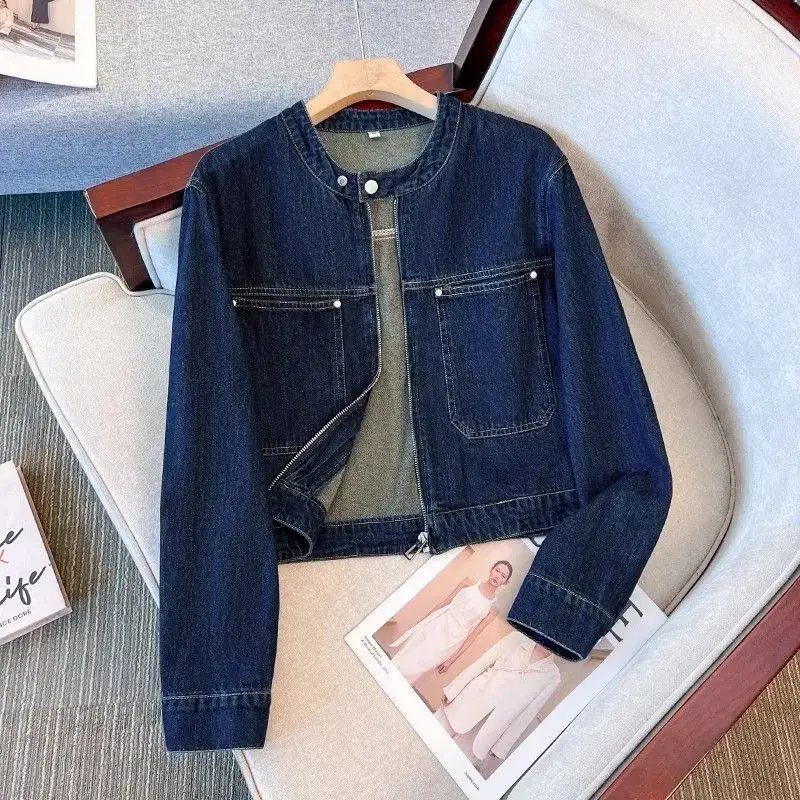 Dark Blue Denim Jacket Women Short Slim Fit 2025