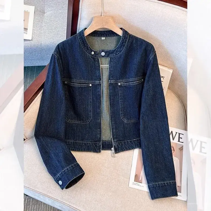 Dark Blue Denim Jacket Women Short Slim Fit 2025