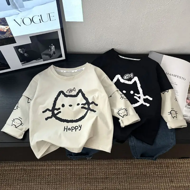 New Kidsren's Long Sleeve T-Shirt with Cat Design — feature 1