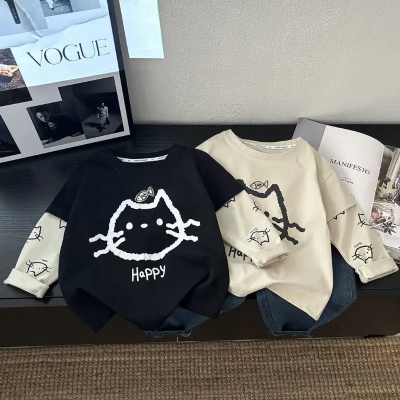 New Kidsren's Long Sleeve T-Shirt with Cat Design — feature 2