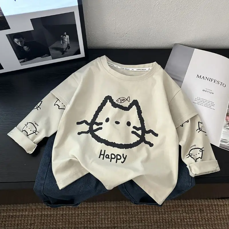 New Kidsren's Long Sleeve T-Shirt with Cat Design — feature 4