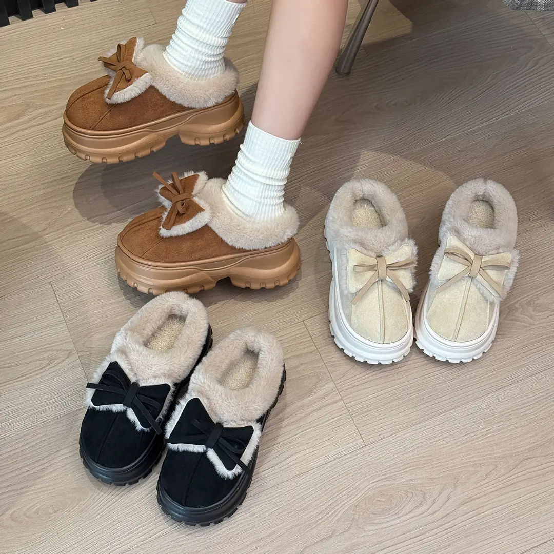 Nanbowan New Bow Cotton Slippers for Women in Autumn and Winter Outer Wear Thick-Soled Heightening Non-Slip Warm Trendyy Versatile Slippers