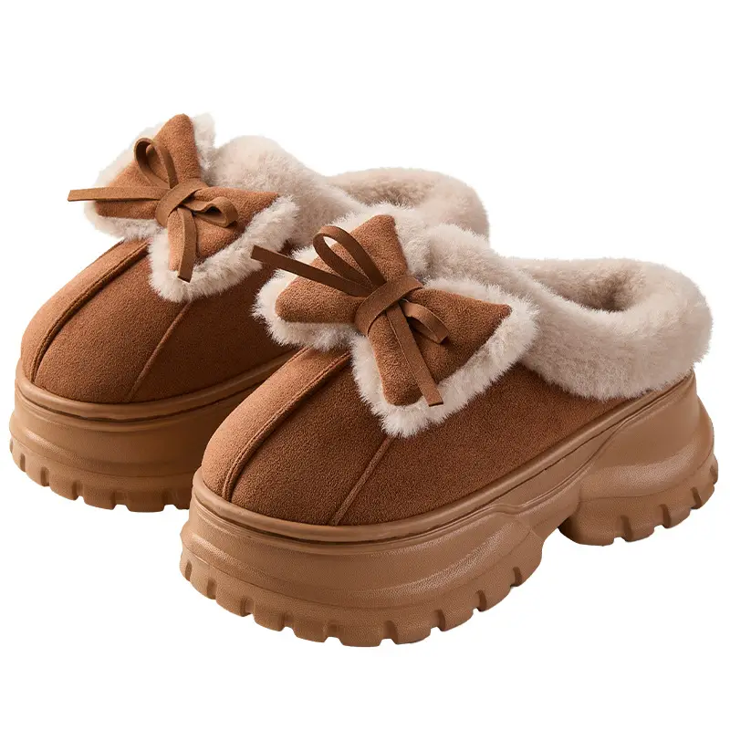 Nanbowan New Bow Cotton Slippers for Women in Autumn and Winter Outer Wear Thick-Soled Heightening Non-Slip Warm Trendyy Versatile Slippers