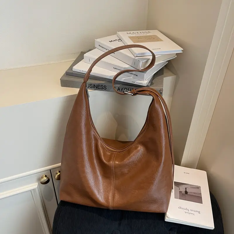 Brown Leather Shoulder Bag Large Capacity Women - Image 3
