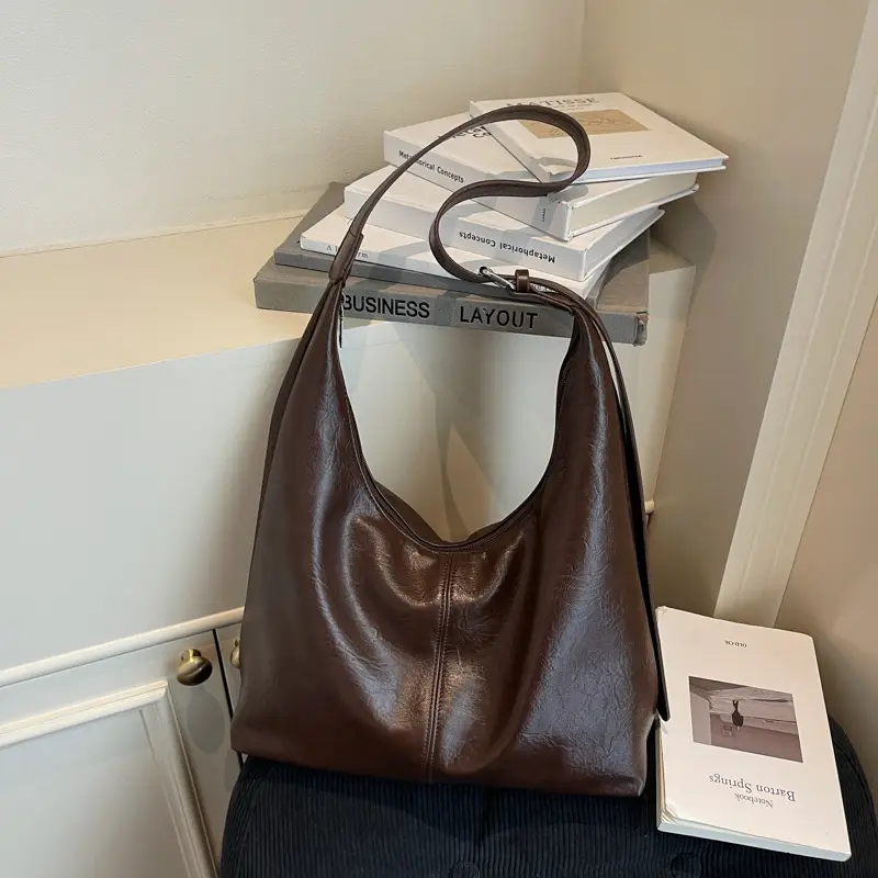 Brown Leather Shoulder Bag Large Capacity Women - Image 4
