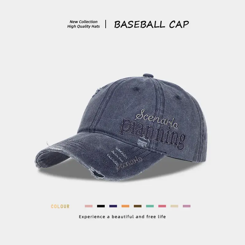 Men Distressed Denim Cap with Embroidered Duckbill Design — feature 7