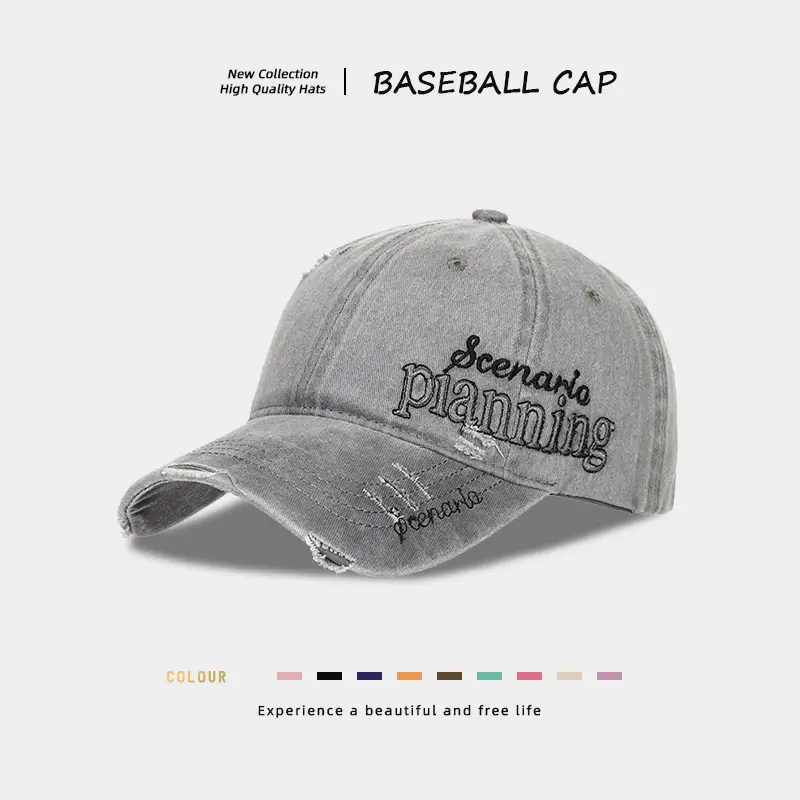 Men Distressed Denim Cap with Embroidered Duckbill Design - Image 6