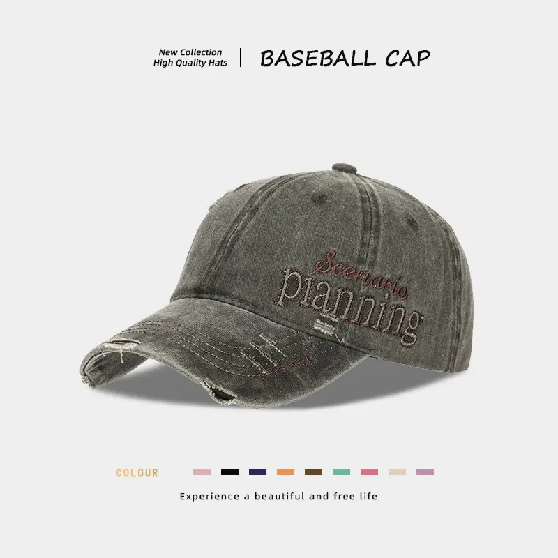 Men Distressed Denim Cap with Embroidered Duckbill Design - Image 7