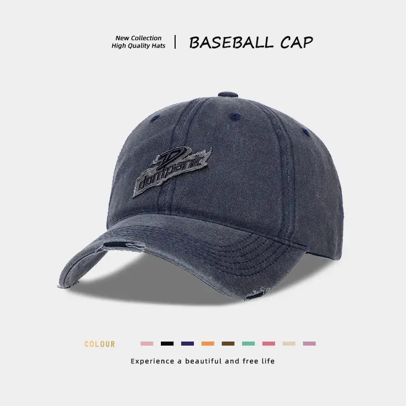 Vintage Distressed Wash Denim Baseball Cap for Women with Wide Brim & Duckbill Embroidery — feature 2
