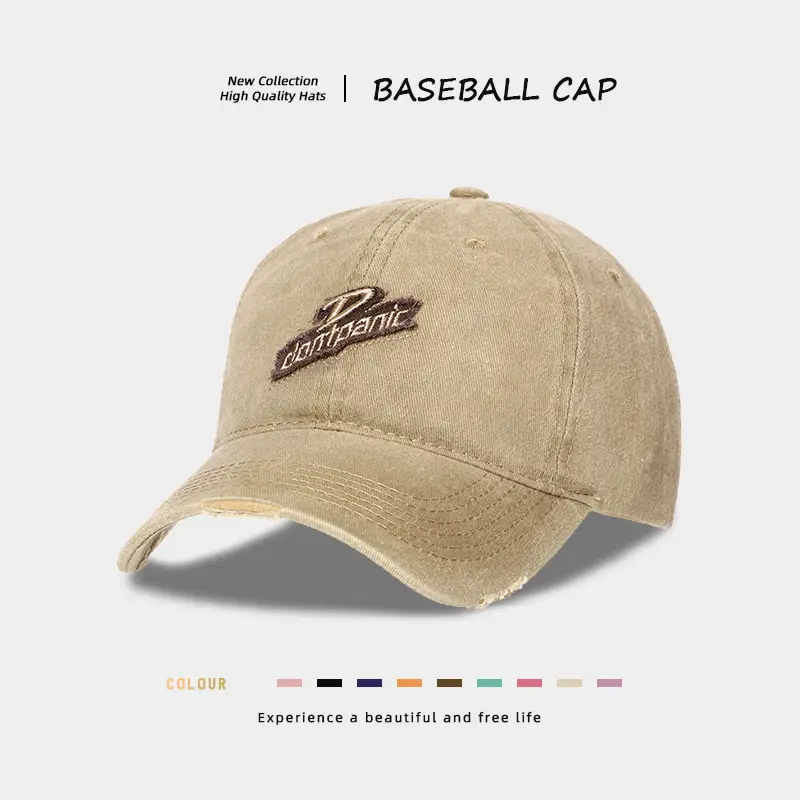 Vintage Distressed Wash Denim Baseball Cap for Women with Wide Brim & Duckbill Embroidery — feature 3