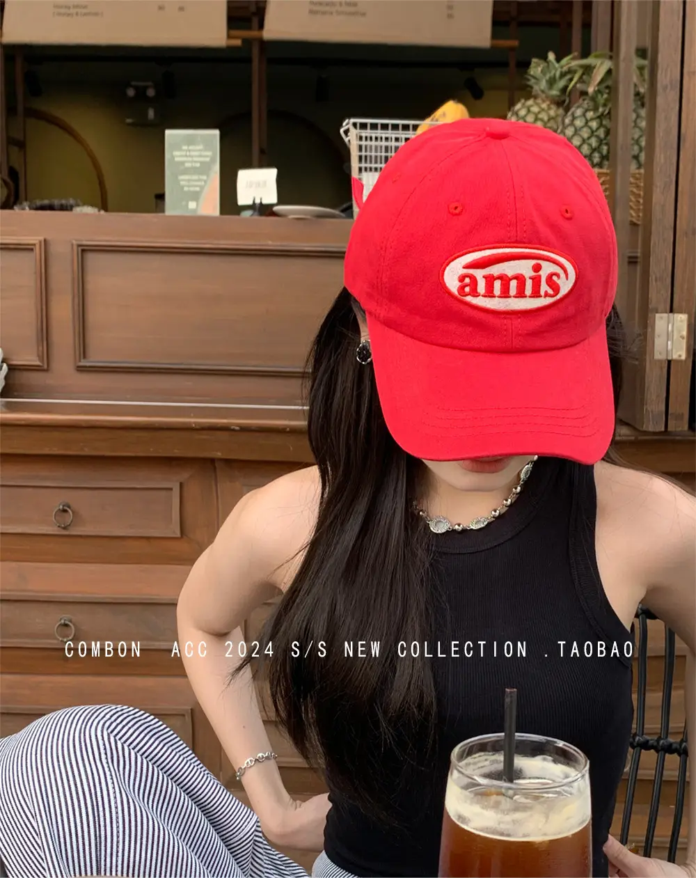 Women Red Amis Baseball Cap Large Face Slimming Sun Hat — feature 1