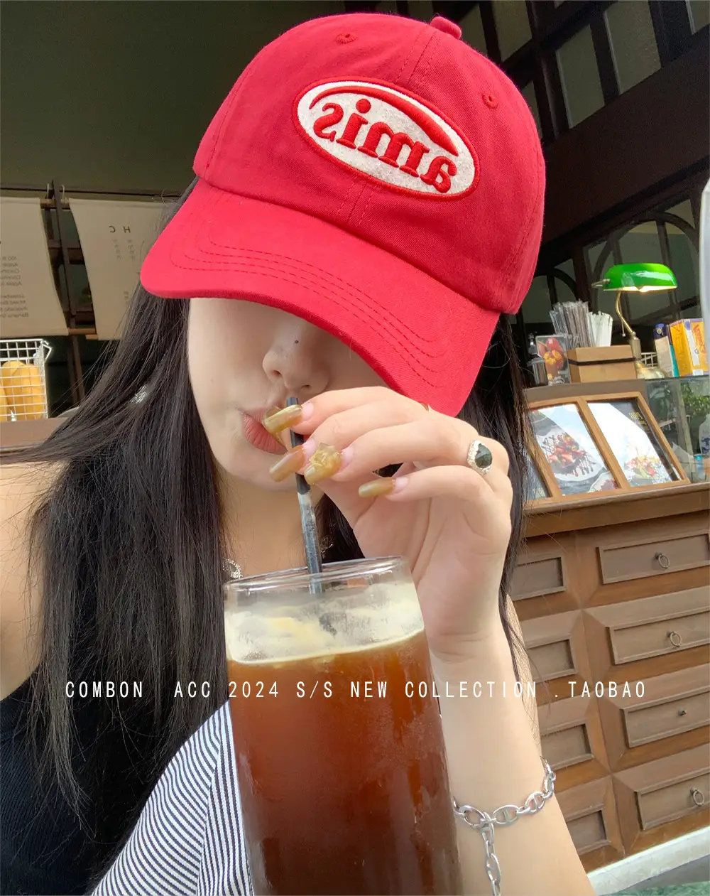 Women Red Amis Baseball Cap Large Face Slimming Sun Hat — feature 4