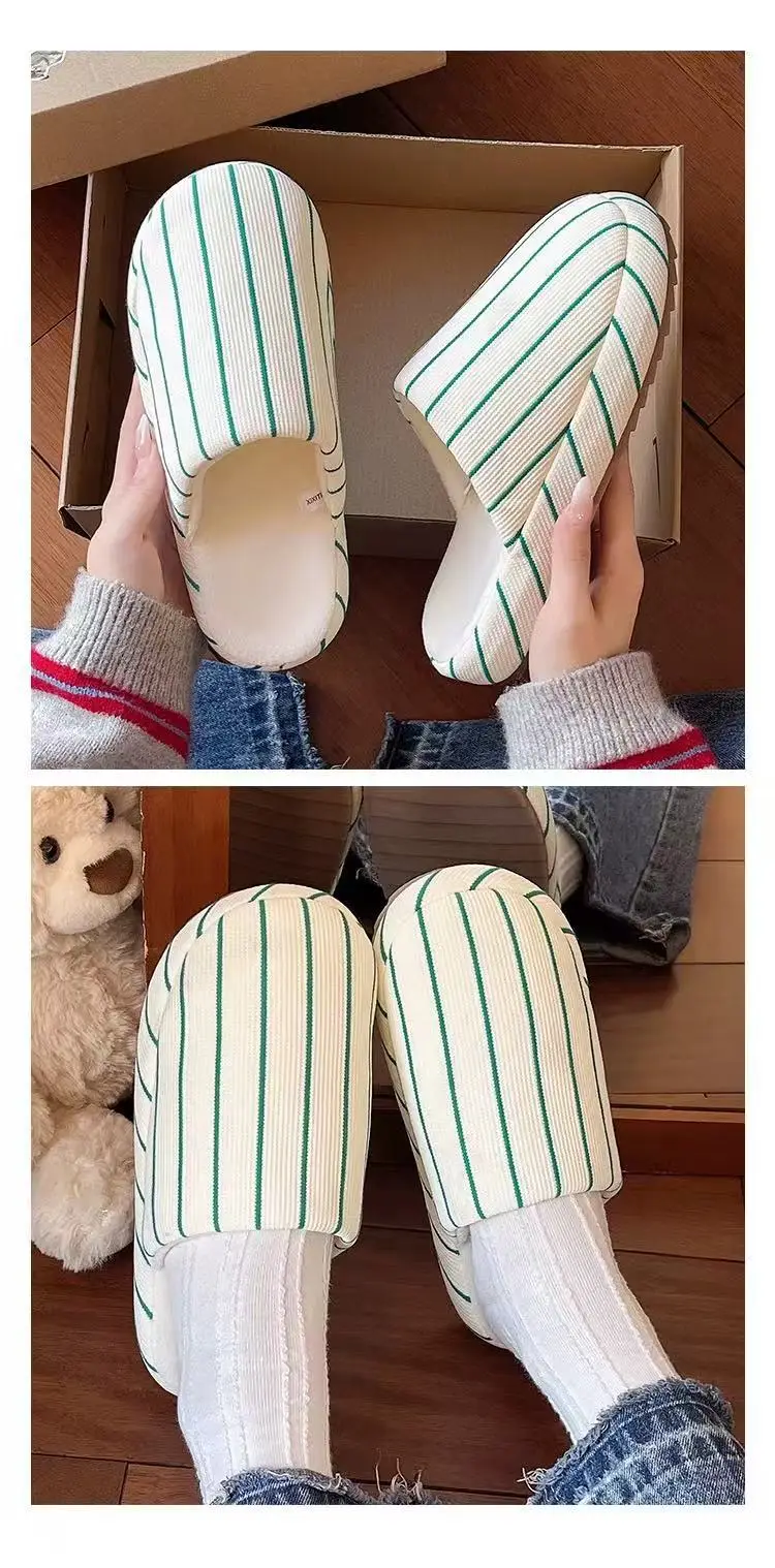 Fashionable Stripesd Furry Slippers for Women, Winter Outer Wear for Couples, Non-Slip Indoor Home Warm Plush Cotton Slippers for Men — feature 10