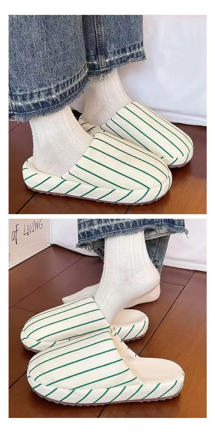 Fashionable Stripesd Furry Slippers for Women, Winter Outer Wear for Couples, Non-Slip Indoor Home Warm Plush Cotton Slippers for Men — feature 11