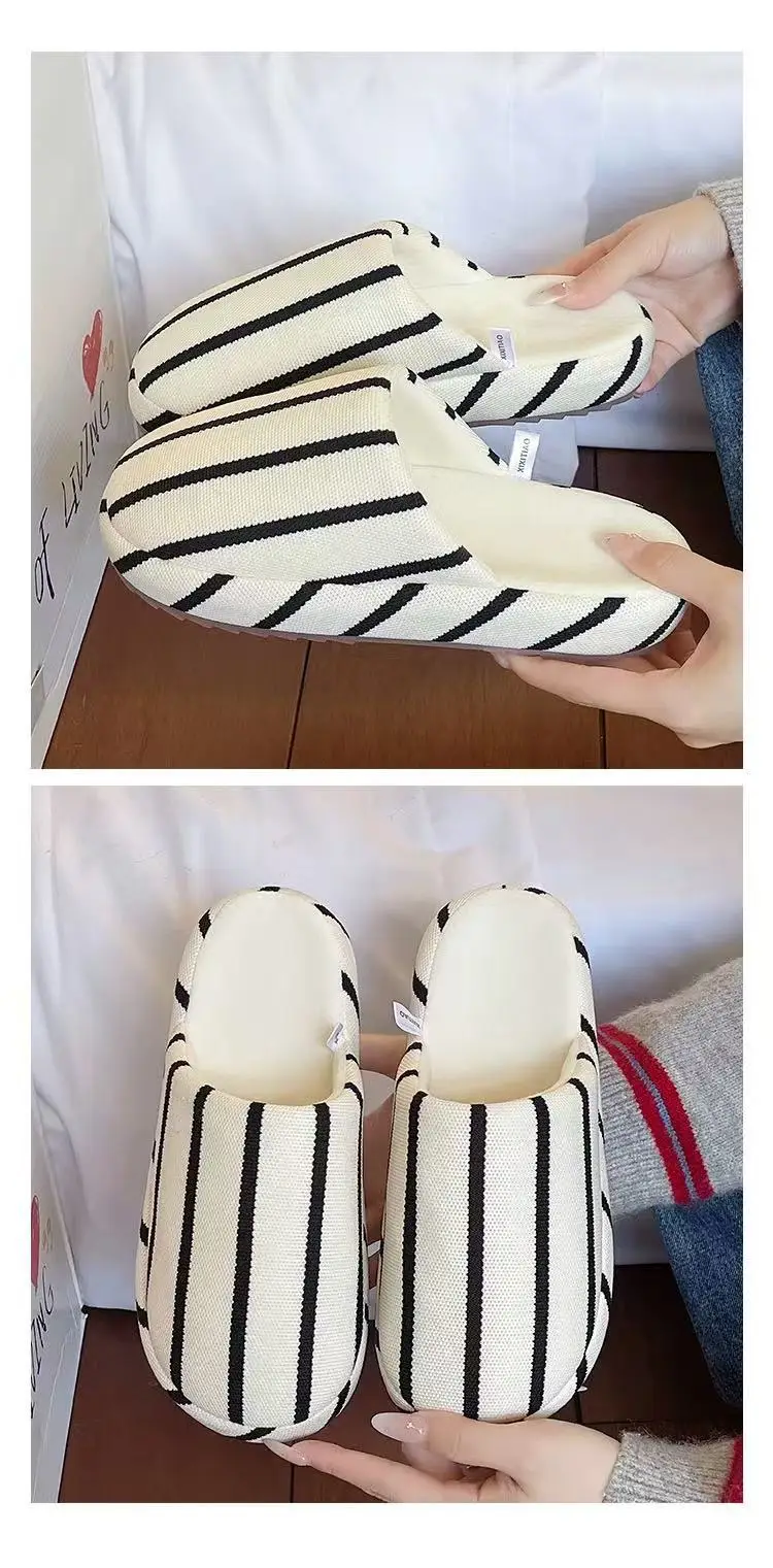 Fashionable Stripesd Furry Slippers for Women, Winter Outer Wear for Couples, Non-Slip Indoor Home Warm Plush Cotton Slippers for Men — feature 12
