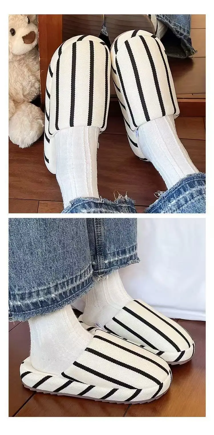 Fashionable Stripesd Furry Slippers for Women, Winter Outer Wear for Couples, Non-Slip Indoor Home Warm Plush Cotton Slippers for Men — feature 13