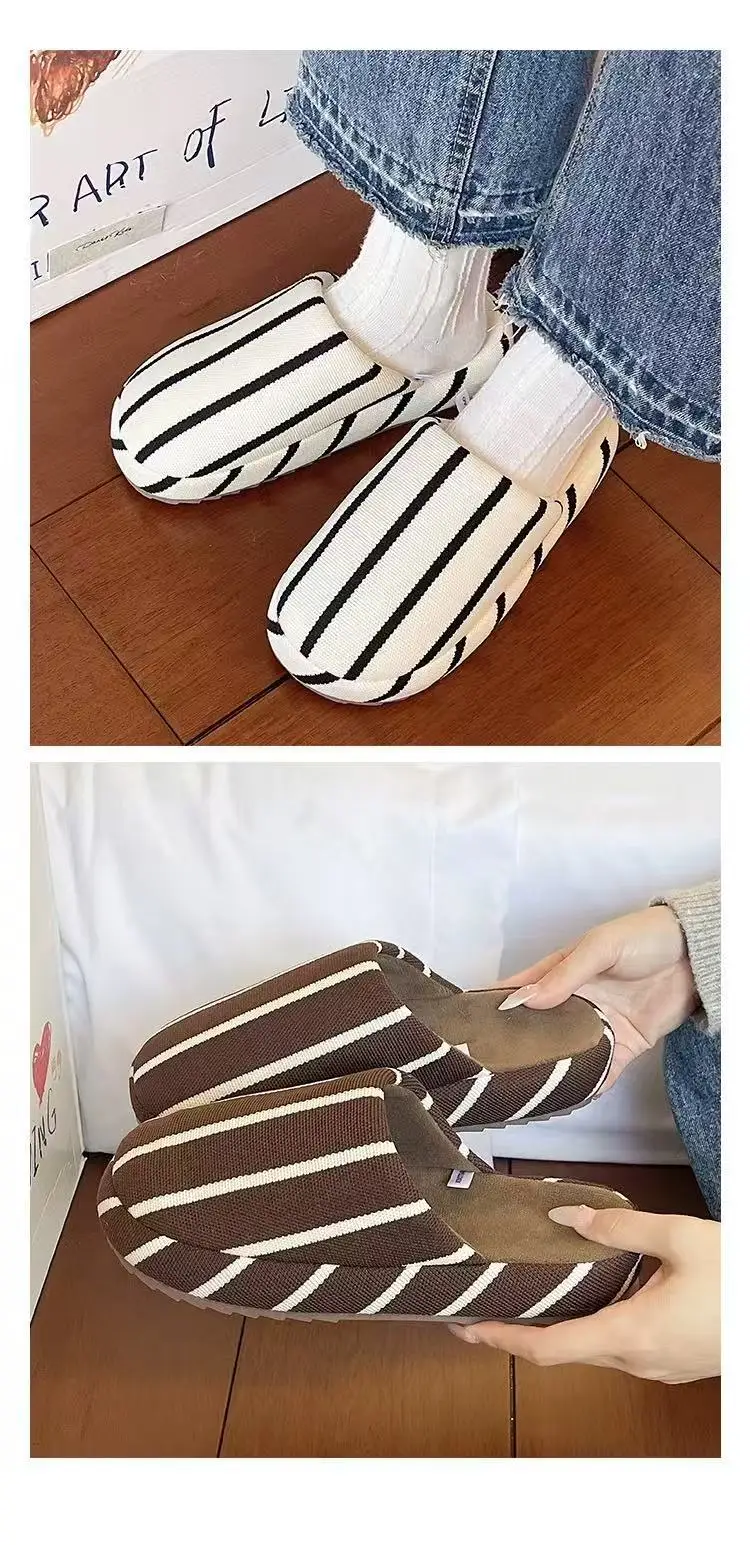 Fashionable Stripesd Furry Slippers for Women, Winter Outer Wear for Couples, Non-Slip Indoor Home Warm Plush Cotton Slippers for Men — feature 14