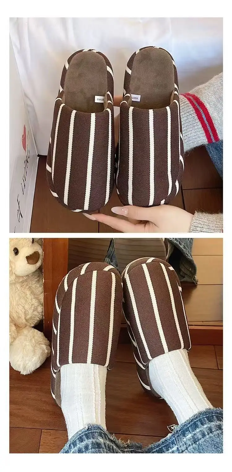 Fashionable Stripesd Furry Slippers for Women, Winter Outer Wear for Couples, Non-Slip Indoor Home Warm Plush Cotton Slippers for Men — feature 15