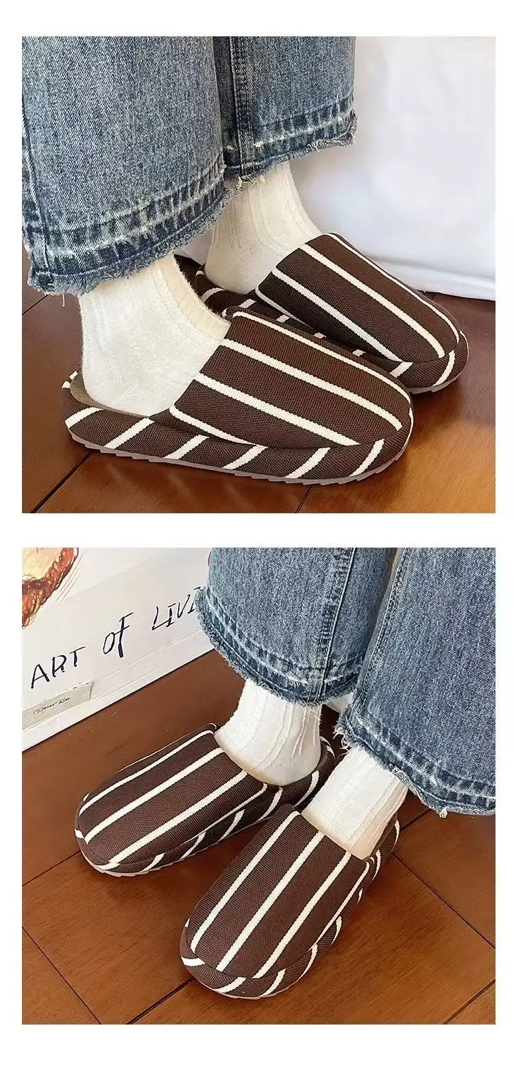 Fashionable Stripesd Furry Slippers for Women, Winter Outer Wear for Couples, Non-Slip Indoor Home Warm Plush Cotton Slippers for Men — feature 16