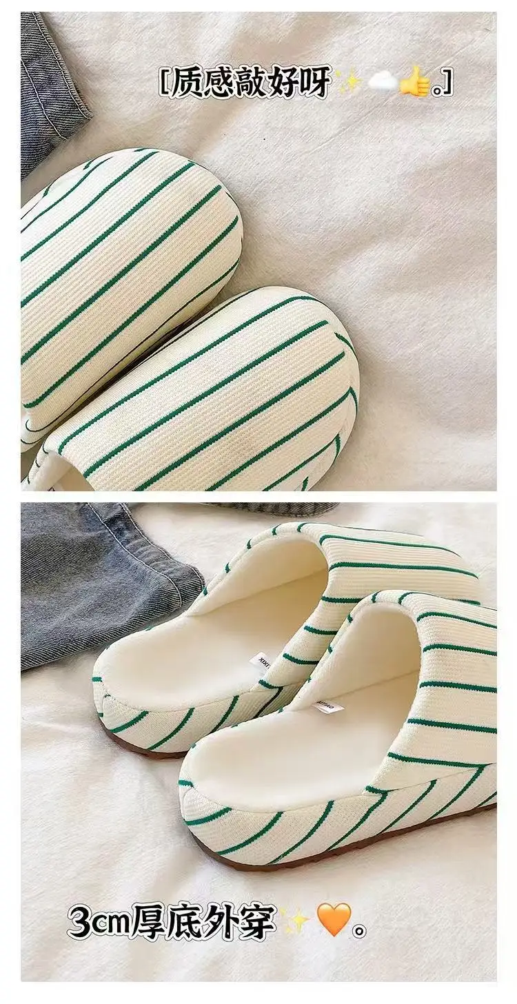 Fashionable Stripesd Furry Slippers for Women, Winter Outer Wear for Couples, Non-Slip Indoor Home Warm Plush Cotton Slippers for Men — feature 3