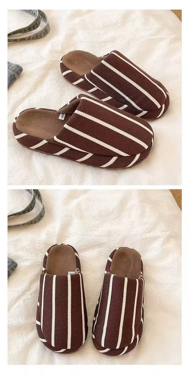 Fashionable Stripesd Furry Slippers for Women, Winter Outer Wear for Couples, Non-Slip Indoor Home Warm Plush Cotton Slippers for Men — feature 6