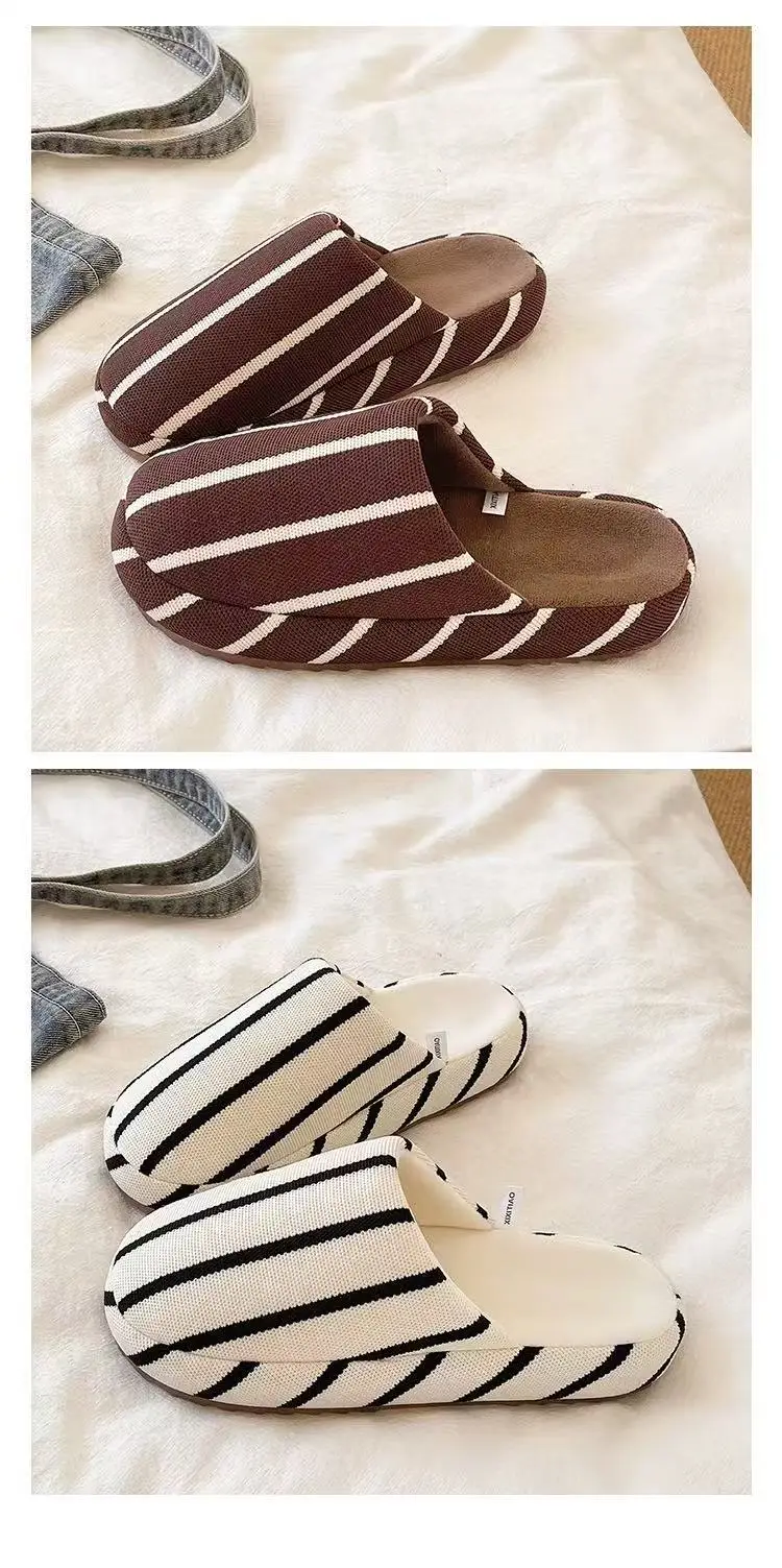 Fashionable Stripesd Furry Slippers for Women, Winter Outer Wear for Couples, Non-Slip Indoor Home Warm Plush Cotton Slippers for Men — feature 7