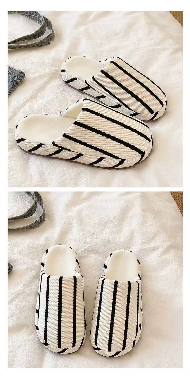 Fashionable Stripesd Furry Slippers for Women, Winter Outer Wear for Couples, Non-Slip Indoor Home Warm Plush Cotton Slippers for Men — feature 8